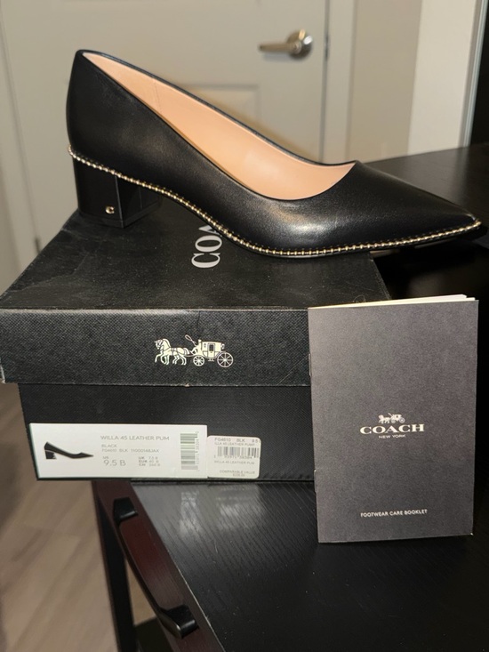 Coach Shoes - Coach Black Leather Low Block Heel Pumps with Gold Trim